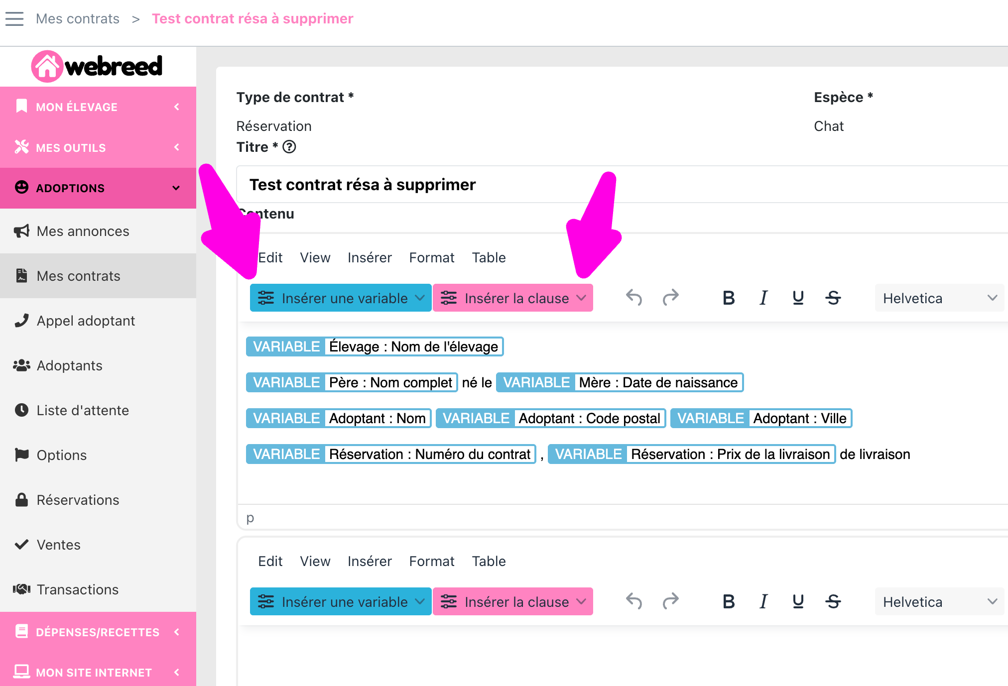 aperçu édition contrat webreed