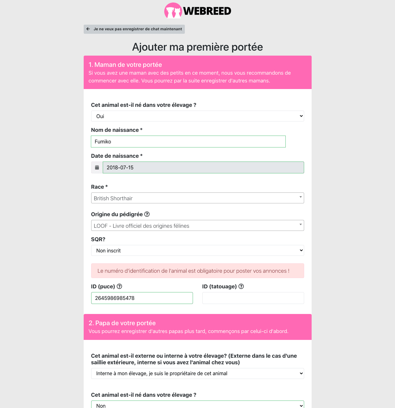 enregistrement animaux mariage webreed