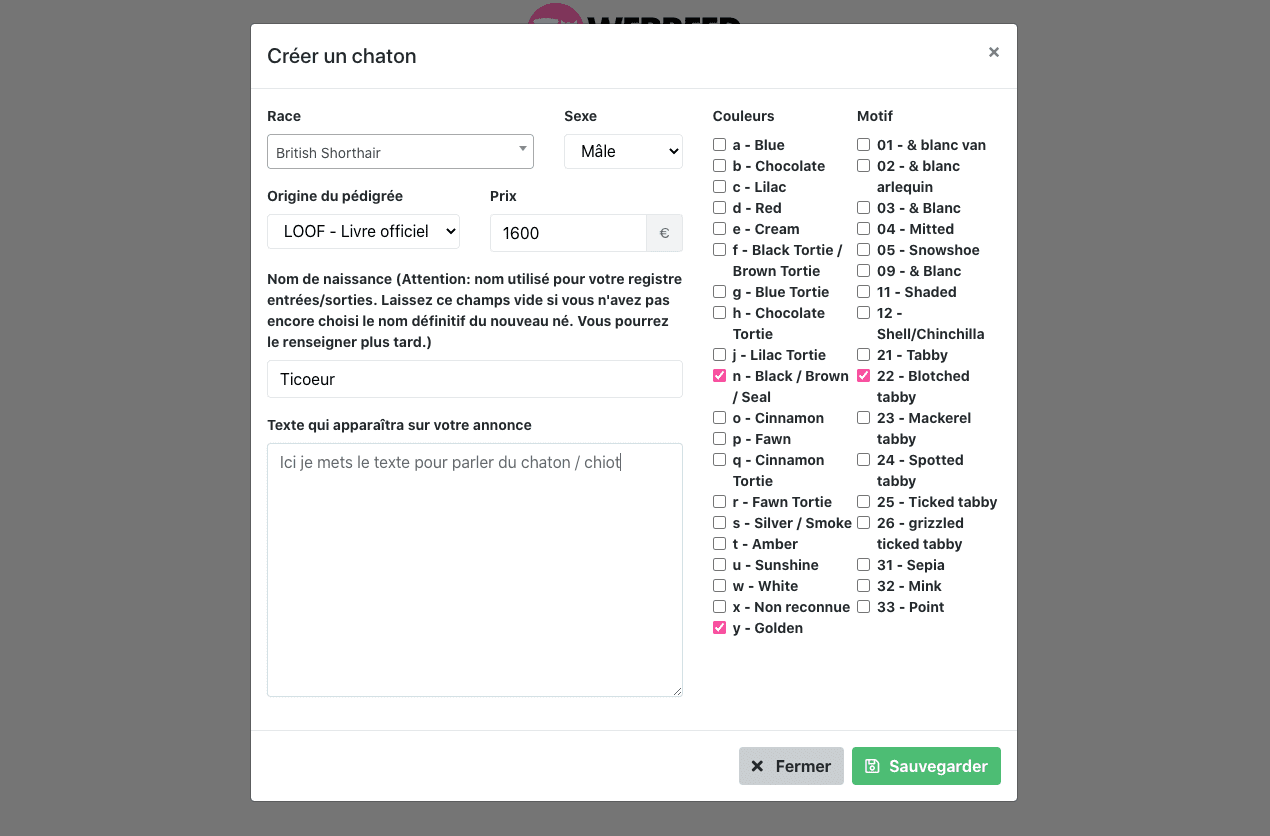 renseigner informations chiot / chaton webreed