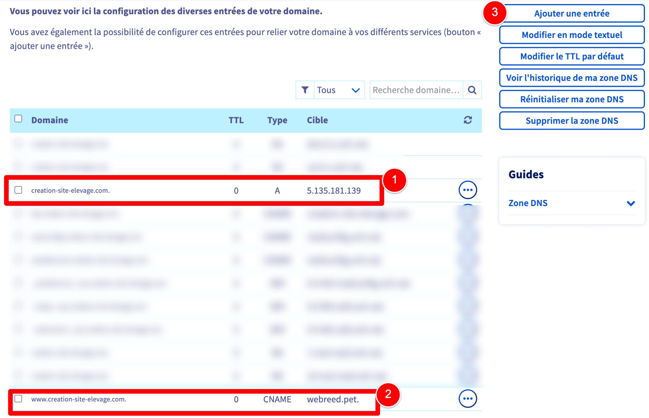 reglages site elevage dns ovh