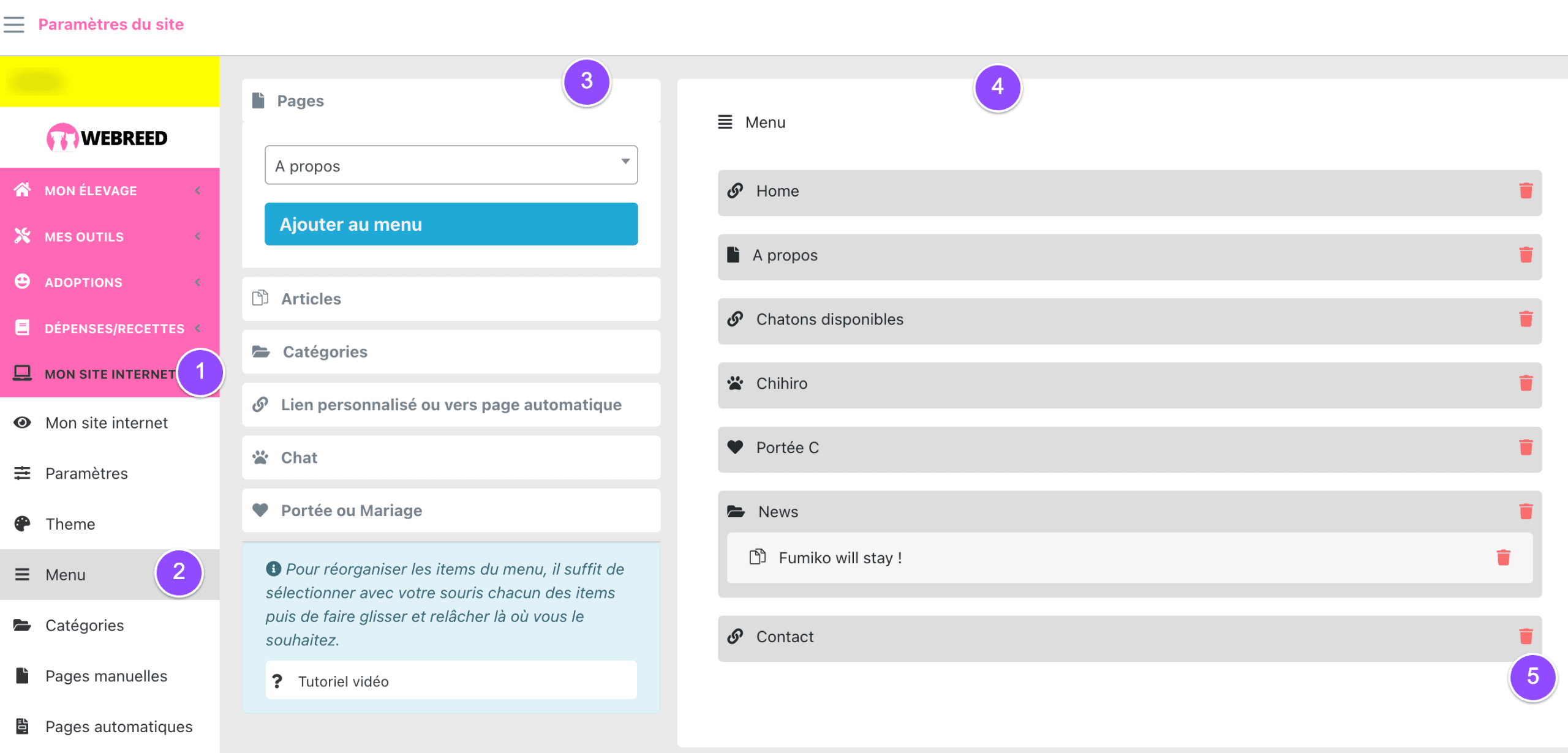 modifier menu site webreed